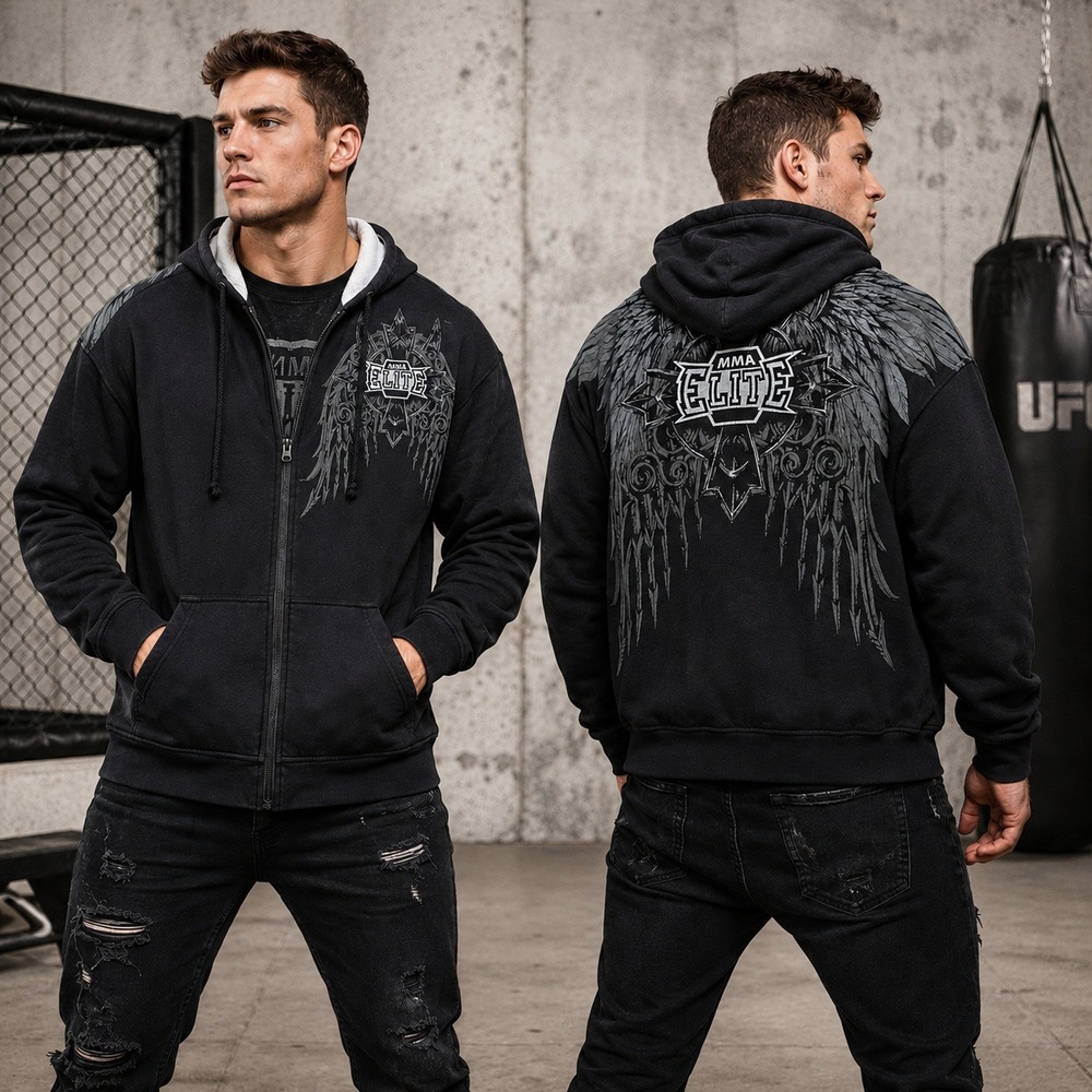 VTG MMA Elite Hoodie Mens XL Black Zip Waffle Lined Wing Graphic Y2K Grunge Goth